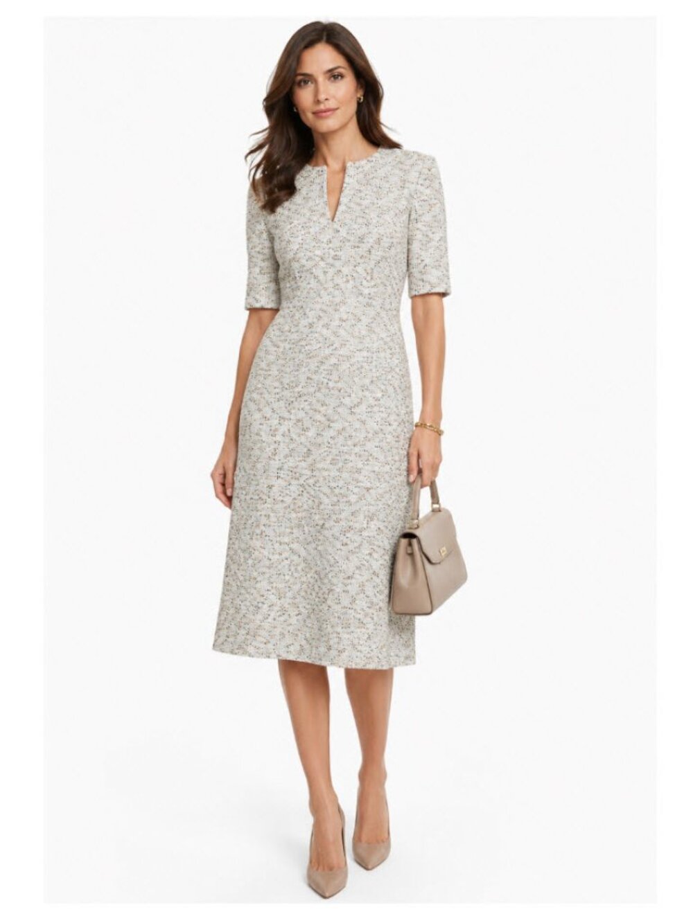 St. John Binario Tweed Cut-Away Midi Dress  NWOT Neutral Multi Size 4